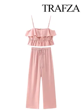 TRAFZA női divatnadrág öltöny rózsaszín ujjatlan hát nélküli redők díszítik cipzáras crop tops+magas derék húzózsinóros széles szárú nadrág