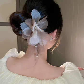 Pearl Tassel Fabric virág hajtű hajtű stift nőknek Sweet Temperament haj kiegészítők