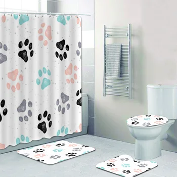 Stílusos absztrakt kutya mancs minta minta zuhanyfüggöny és szőnyeg szett aranyos színes mancsok kisállat fürdőfüggönyök fürdőszobai kiegészítőkhöz