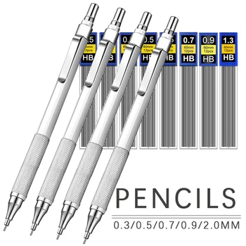 0.3 0.5 0.9 1.3 2.0mm fém mechanikus ceruza készlet HB vezetékekkel Művészeti rajz Festés Automatikus ceruza iroda Iskola helyhez kötött
