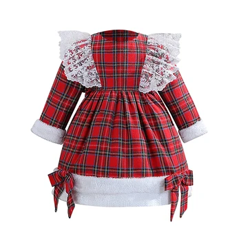 Christmas Kids Girls Plaid Dress Big Bowknot Long Sleeve Patchwork Tulle Tutu Dress Princess Party A-line Dress