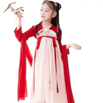 Lányok Kínai Hanfu hímzés Piros hosszú ujjú ruha Hagyományos jelmez Tang öltöny a nyúl évére Tavasz Újév