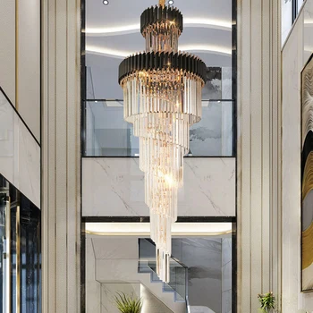  nagy felső hosszú kristály led csillárok Hotel Hall Nappali Luxus többrétegű lépcsőház világítás Fekete rozsdamentes acél fény
