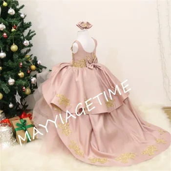 Virágos lány ruhák rózsaszín tüll puffadt arany mintás hímzés masni ujjatlan ujjatlan esküvőre születésnapi bankett hercegnő ruhák