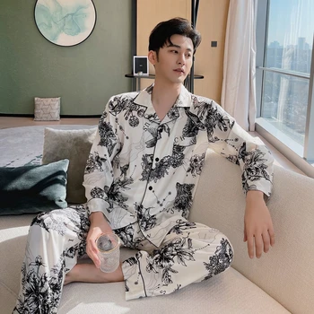 Férfi pizsama szett Cardigan lehajtható gallér hosszú ujjú nadrág Hálóruha Szabadidő Pizsama nyári jégselyem alvó felső otthoni viselet