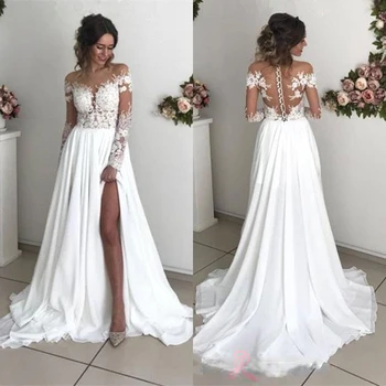 Elegáns csipke magas osztott esküvői ruhákkal Kedvesem A-vonalú sifon rátétekkel Egyszerű Boho hosszú Vestidos De Noiva menyasszonyi ruhák