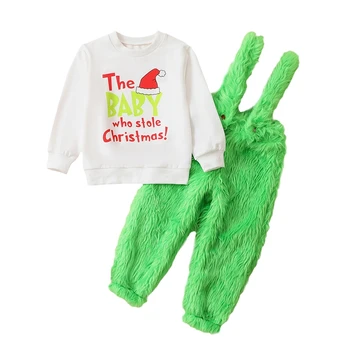 Lányok Fiúk 2 részes ruhák Karácsonyi levélnyomtatás kerek nyakú pulóver és fuzzy overallos készlet Chid őszi ruhák