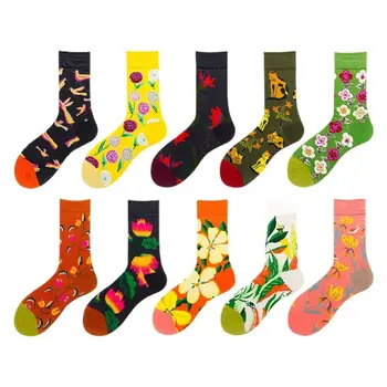 Zokni nőknek Rajzfilm pamut legénység Sox növény Harajuku Középcsöves zokni pár harisnya Női zokni Virág zokni