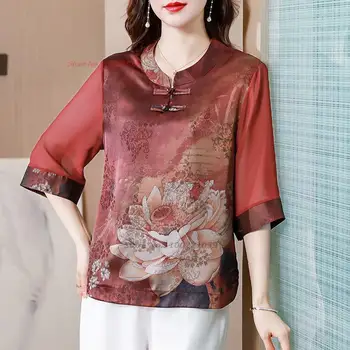2024 hagyományos kínai női szatén blúz nemzeti virágmintás vintage bő blúz kínai elegáns etnikai népi qipao blúz