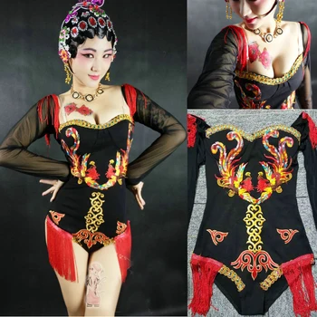 Group Jazz Dancer Jelmez Női Fekete mintás body, Piros köpeny Kínai stílusú színpadi színpad Fesztivál öltözék Performance Clubwear XS6415