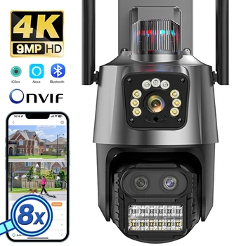 4K 9MP HD IP kamera kültéri 8X zoom három lencsés kettős képernyős Wifi PTZ kamera 4MP rendőrségi fény riasztás videomegfigyelés Onvif ICSEE