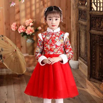 Lány téli retro vintage gomb virágmintás Qipao gyerek kínai stílusú hanfu party esti előadás újévi üdvözlő ruhák