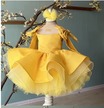 Sárga báli ruha Virág Lány Ruha Ujjatlan Többszintű Gyerek Születésnapi zsúrruhák Gyermek kisgyermek Baba Esküvői vendégruhák