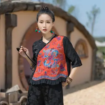 2023 Új divat retro stílusú splicing design Kínai nemzeti női blúz hímzés félujjú alkalmi laza kínai felső S172