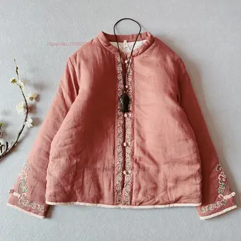 2024 nemzeti virághímzés Hanfu kabát Kínai vintage pamuttal párnázott kabát hagyományos vastagított meleg pamutvászon kabát