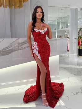 Red Glitter Mermaid estélyi ruhák 2023 hosszú, pánt nélküli kristálygyöngyös partiruhák a szalagavató felosztására Bájos formális ruha