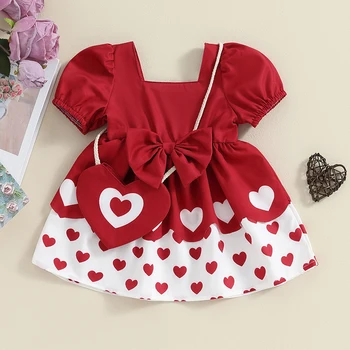 Kislányok nyári ruha szív alakú crossbody táska kisgyermek rövid ujjú szögletes nyakú ruha Gyerekek Valentin party esküvői ruhák