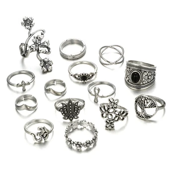 Vintage válogatott stílusok ezüst gyűrű szett 14x több egyszerű gyűrű ujjgyűrű készlet ékszerek anyák napi hálaadásra