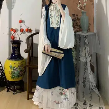 2023 Kínai retro Ming-dinasztia továbbfejlesztett Hanfu álló gallér hosszú rakott szoknya Napi nyomtatott divat női hanfu jelmez S674