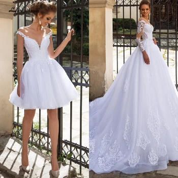 Lakshmigown luxus A Line esküvői ruha 2 az 1-ben ujjakkal Csipke menyasszonyi ruha Vestido de Noiva szexi hercegnő tüll esküvői ruhák
