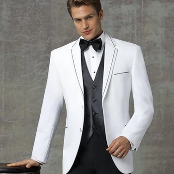 Fehér rovátkolt hajtókás esküvői férfi öltöny vőlegény szmokingok 3 részes slim fit férfi öltöny vőlegény öltöny