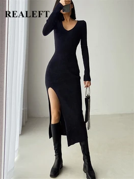 REALEFT Őszi tél Francia szexi hasított női pulóverruha Női V-nyakú karcsú szűk szabású wrap ruhák 2024 Új