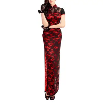 Kínai hagyományos Qipao elegáns kínai stílusú csipke Cheongsam vintage kétrétegű High Split Slim Fit Qipao ruha nőknek