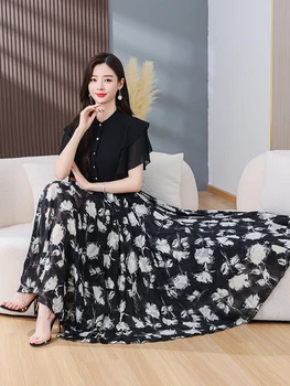 Virágos női maxi ruha fekete nyári sifonstrand hosszú ruhák 2024-re Új elegáns bodycon koreai divatparti esti alkalmi