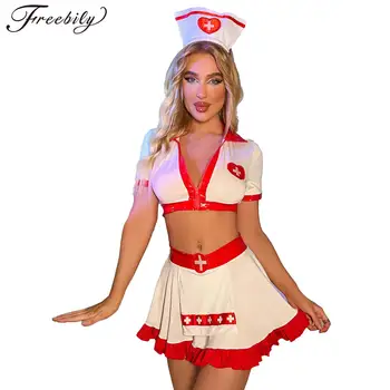 Női Halloween szexi nővér cosplay jelmez rövid ujjú crop top miniszoknyával Fejfedő téma Party szerepjáték felszerelés hálóruha