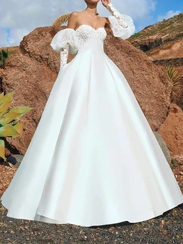 2023 Szexi fehér golyós esküvői ruha Hosszú puffadt ujjú Sweetheart csipke rátétek Szatén esküvői hosszú ruha vestido de novia encaje