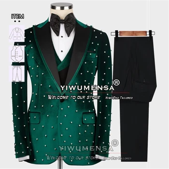 Elegáns vőlegény viselet öltönyök Férfi zöld bársony gyöngyök blézer egyedi gyártású 3 részes kabát mellény nadrág férfi ruhák bankett party szmoking