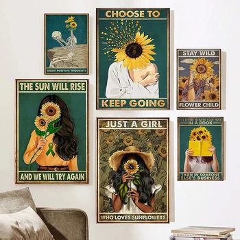 Retro Art Absztrakt figura Olajfestmény Napraforgó lány Falfestmény Vászon Plakátok és nyomatok a nappaliban Lakberendezés