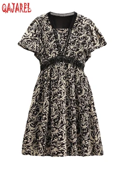 2023 Fekete mintás patchwork csipke szögletes gallér midi ruha női koreai vintage alkalmi báli ruhák nyári elegáns új ruhák
