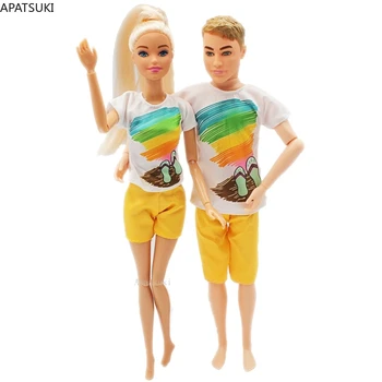 2szett/lot Divat ruhakészlet Barbie baba ruhákhoz Summer Beach pár póló narancssárga rövidnadrág Ken Boy babákhoz Kiegészítők