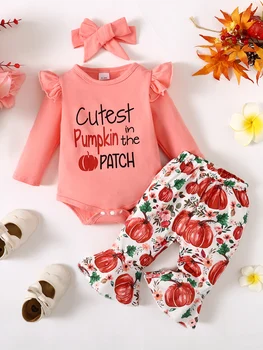 3PCS Újszülött kislány ruhakészlet Letter body+kiszélesedő nadrág+masni fejpánt Tavaszi és őszi ruhák 0-18 hónapos kislánynak
