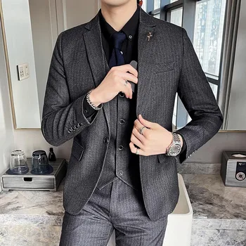 3 db öltönyszett blézer kabát nadrág Vesy / 2023 Fashion New Men alkalmi butik üzlet vékony csíkos formális ruha kabát nadrág