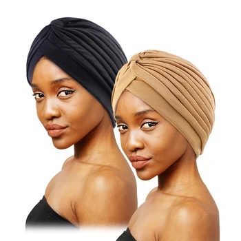 2PCS/LOT Új női csavaros sapka Kemo sapka divatcsomó Muszlim sztreccs turbán alkalmi egyszínű Egyszerű fejkendő ráncos indiai kalap
