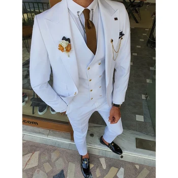 Esküvői öltönyök férfiaknak Egyszínű csúcshajtóka Egymellű fehér férfi blézer Slim Fit Tuxedo alkalmi teljes férfi öltöny 3 részes