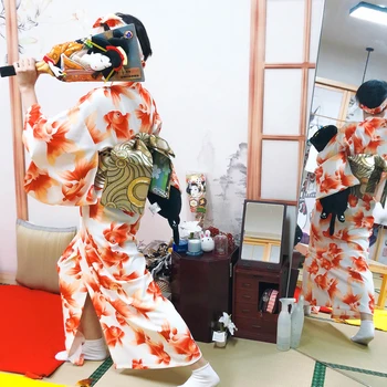 Japán stílusú női hagyományos kimonó Obi Summerrel Yukata aranyhal nyomatok Fotózás Ruha Cosplay jelmez