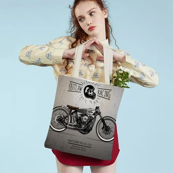 Vintage színes koponya motorkerékpár női vászon bevásárlótáska újrafelhasználható összecsukható szövet alkalmi hölgy rajzfilm táska kézitáska férfiaknak