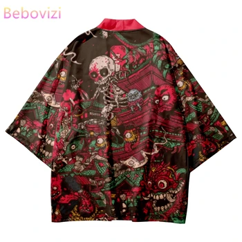Japán Anime Démon nyomtatás Piros kimonó ingek Hagyományos utcai ruházat Cardigan köntös Nők Férfi Haori felső Yukata