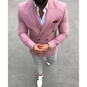Dupla mellű öltönyök Blézer rózsaszín kabát csúcsos hajtóka alkalmi normál hosszúságú báli party slim fit kétrészes kabát nadrág