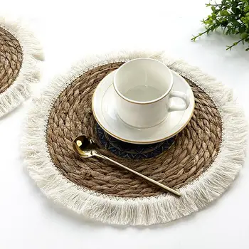 Boho tányéralátétek Szőtt tányéralátétek étkezőasztalhoz Elegáns, kerek rattan tányéralátétek kézzel készített rattan szövésű hőálló szőnyegek Edények