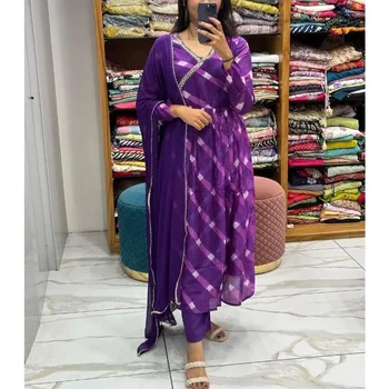 Nők Kurti Palazzo Dupatta Purple Salwar Kameez háromrészes szett V-nyakú hosszú ujjú ruha