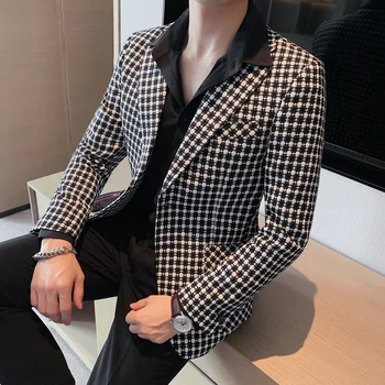 2023 Kiváló minőségű brit stílusú jóképű Houndstooth Blazer férfi ruházat Egyszerű karcsú szabású formális viselet Üzleti öltöny kabát