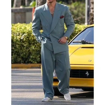 Chic Peak hajtókás dupla mellű férfi öltöny 2 részes divatos tömör blézer nadrággal High Street alkalmi esküvői vőlegény Tuxedo 2023