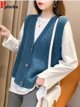 Új pulóver mellény Koreai kötöttáru Veste laza alkalmi kötött Cardigan ujjatlan Chaleco Fashion Women Spring Colete dzsekik