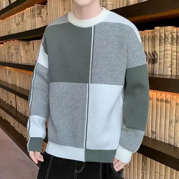 Férfi kontrasztos színes pulóver geometriai mintás colorblock kötött férfi pulóver őszre téli laza meleg o nyakú pulóver hosszú