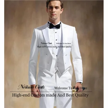Divat fehér frakk férfi öltönyök csúcsos hajtóka vőlegény esküvői szmokingok 3 részes szettek férfi báli blézerek slim fit Terno Masculino
