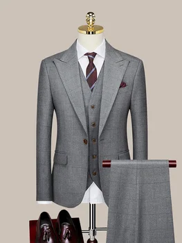 szürke kockás retro stílusú férfi öltöny szett blézer mellény nadrág karcsú egymellű üzletember napi viselet esküvői vőlegény hivatalos ruházat